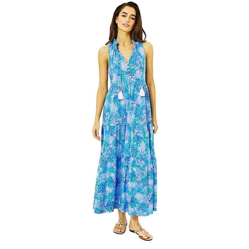 New Lily Pulitzer Malone Maxi Dress Las Olas Aqua Strong Current Sea Size L